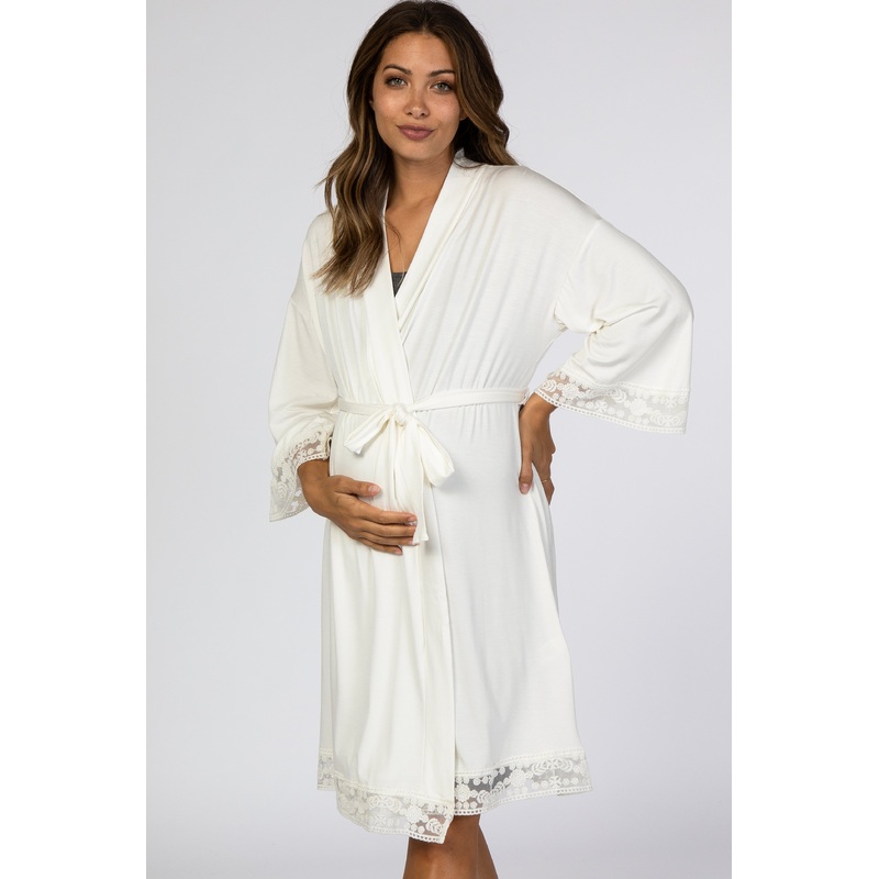 White Crochet Trim Maternity Delivery/Nursing Robe