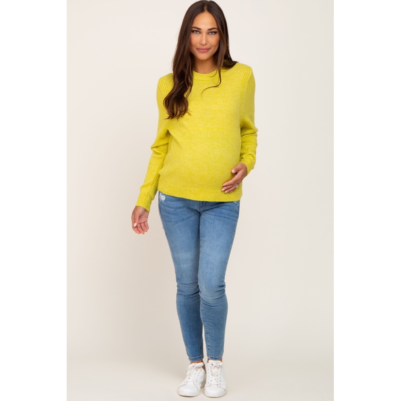 Yellow Ribbed Accent Cropped Maternity Sweater