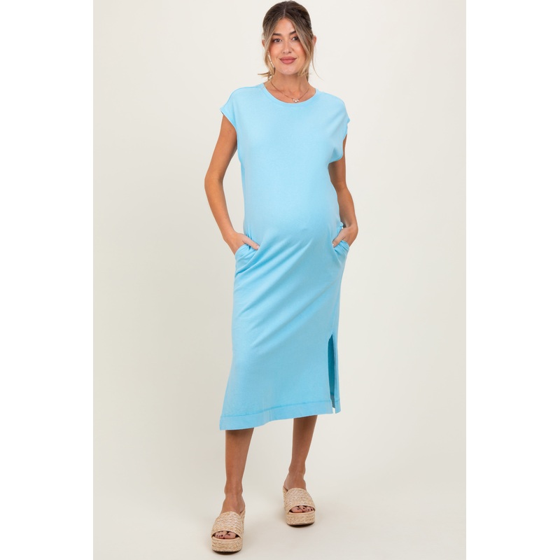 Aqua Casual Sleeveless Pocketed Maternity Midi Dress