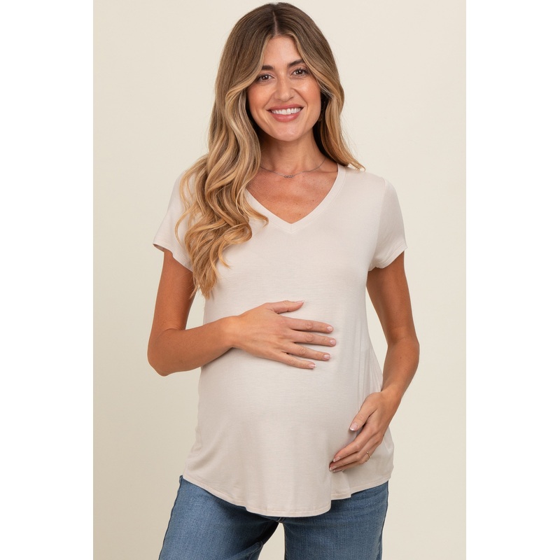 Beige Basic V-Neck Short Sleeve Maternity Top