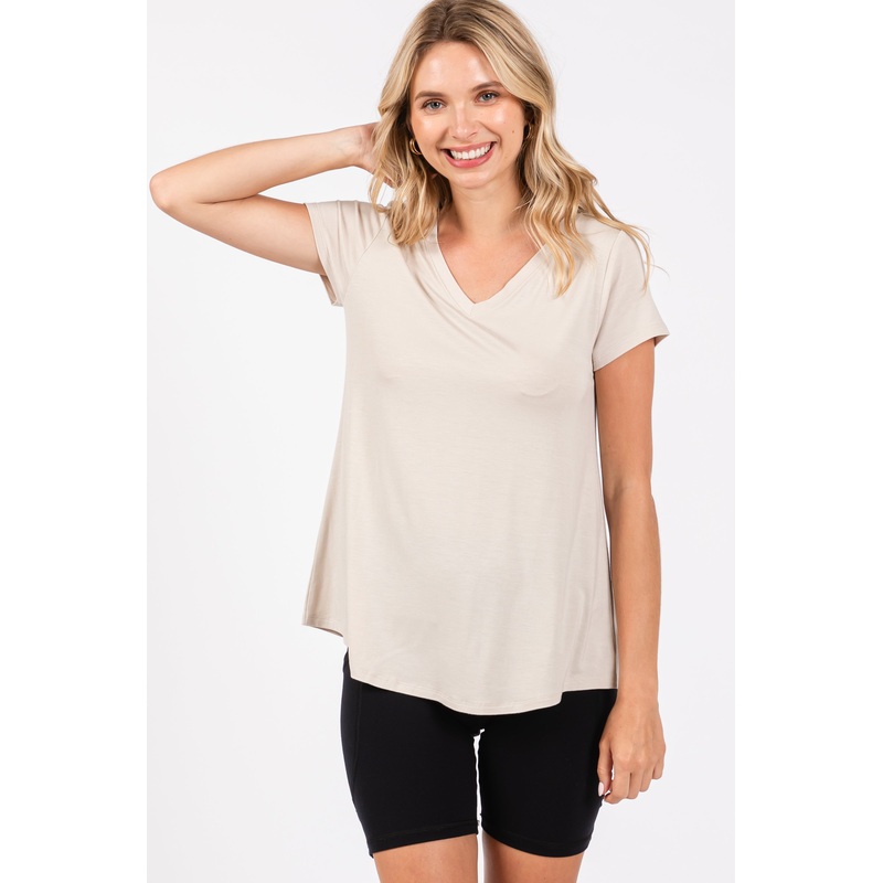 Beige Basic V-Neck Short Sleeve Top
