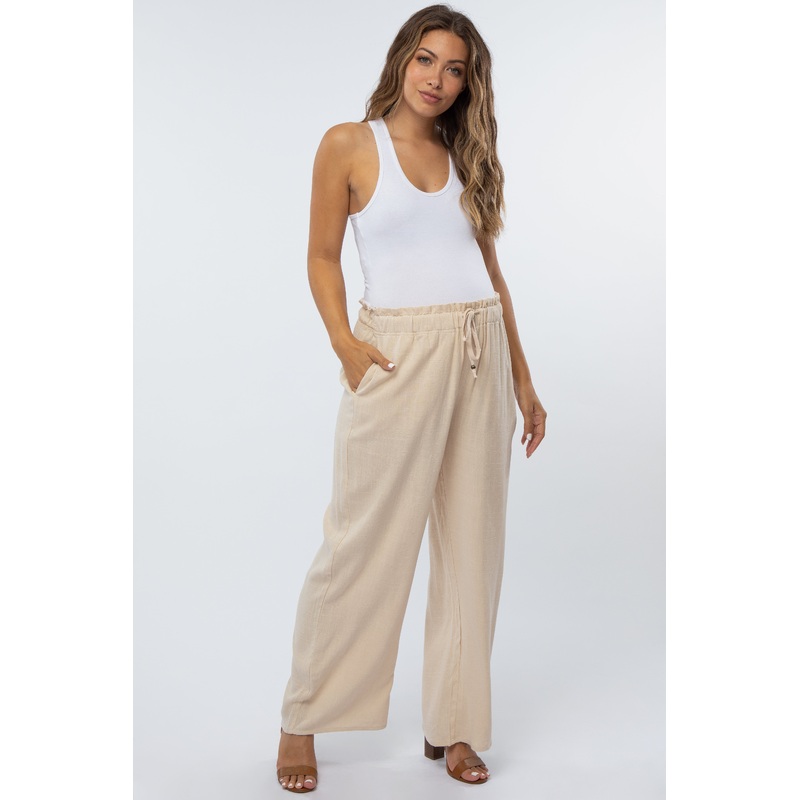 Beige Linen Drawstring Maternity Pants