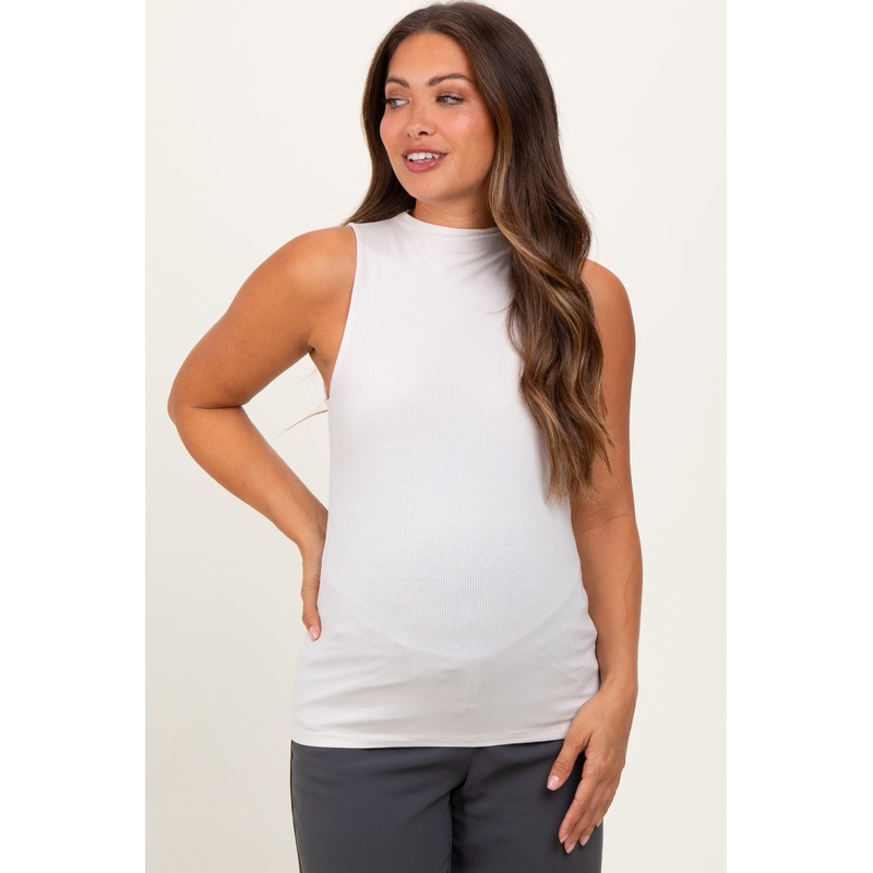 Beige Ribbed Sleeveless Mock Neck Maternity Top