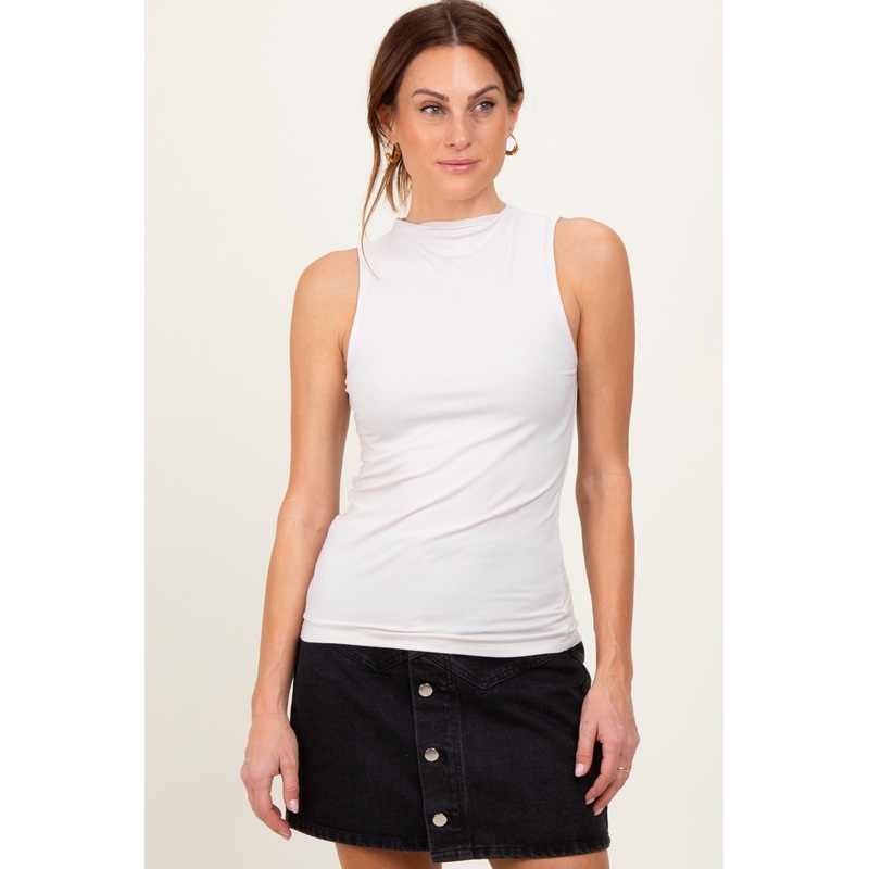 Beige Ribbed Sleeveless Mock Neck Top