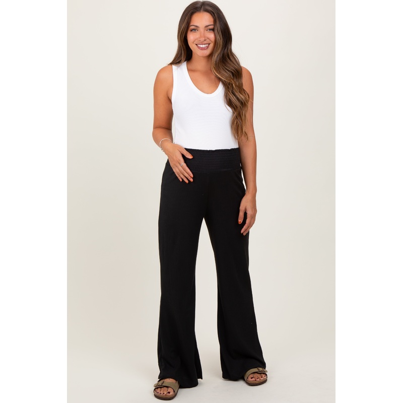 Black Ribbed Smocked Waistband Wide Leg Maternity Pants
