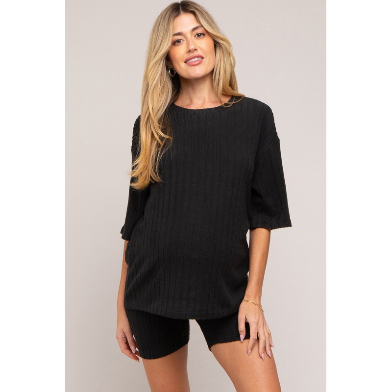 Black Ribbed Soft Short Sleeve Maternity Shorts Set