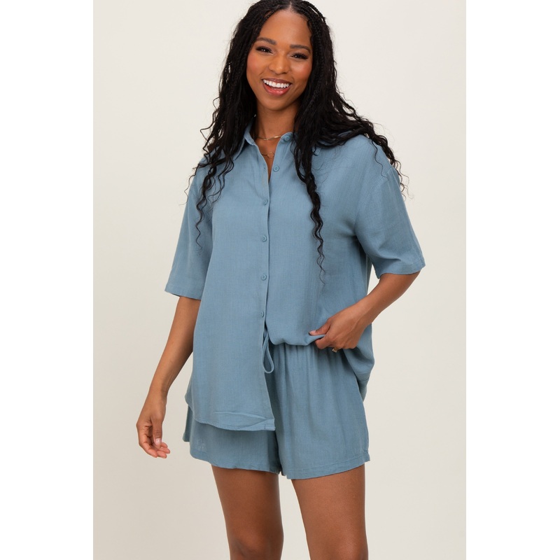 Blue Linen Blend Short Sleeve Shirt Shorts Set