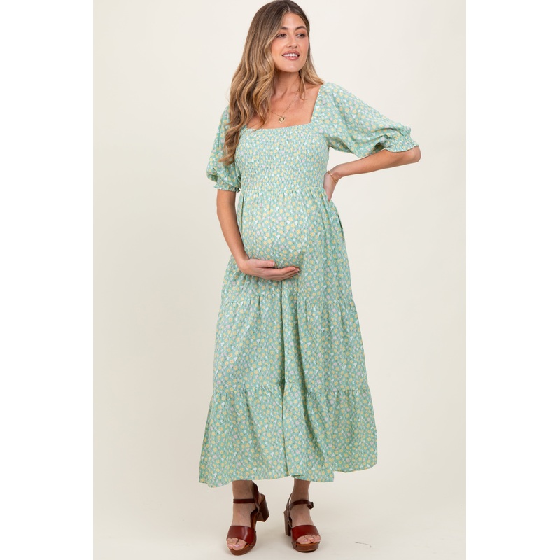 Mint Floral Smocked Tiered Maternity Maxi Dress