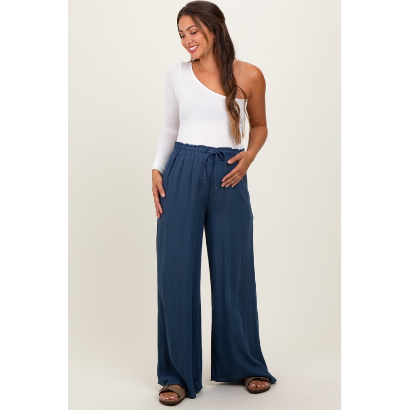 Navy Ruffled Drawstring Waist Wide Leg Maternity Pants