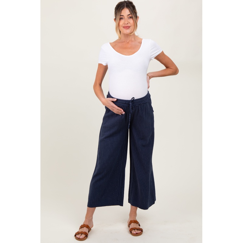 Navy Striped Drawstring Linen Blend Maternity Wide Leg Pants