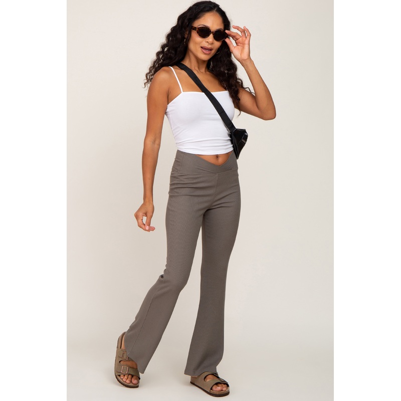 Olive Ribbed Layered V-Front Leggings