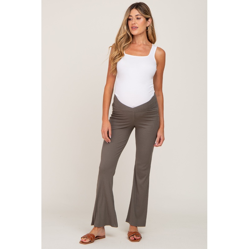 Olive Ribbed Layered V-Front Maternity Leggings