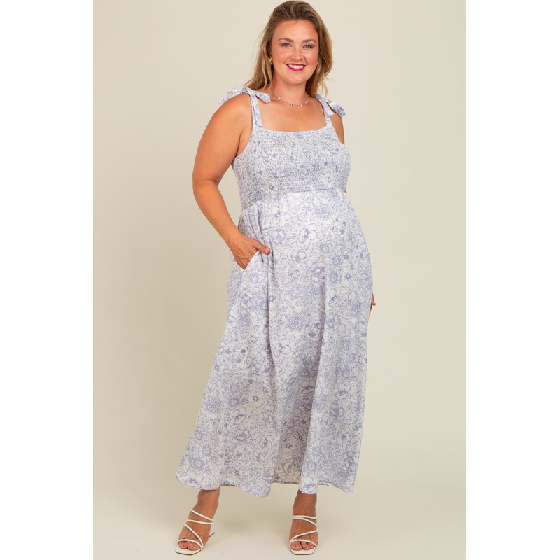 White Blue Floral Tie Strap Maternity Plus Maxi Dress