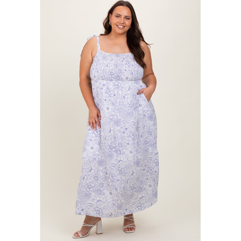 White Blue Floral Tie Strap Plus Maxi Dress