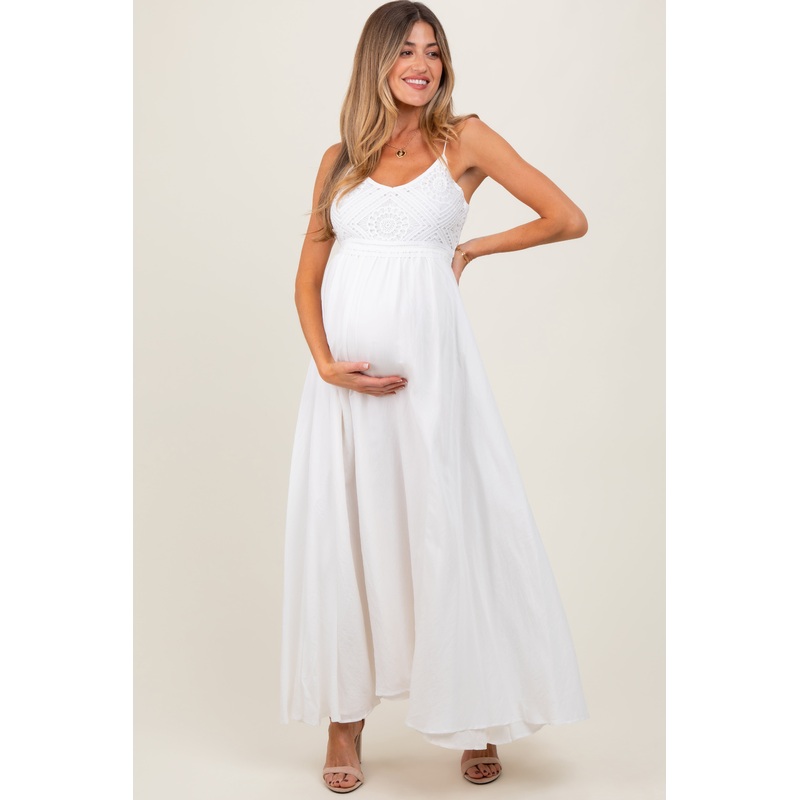 White Crochet Bodice Maternity Maxi Dress