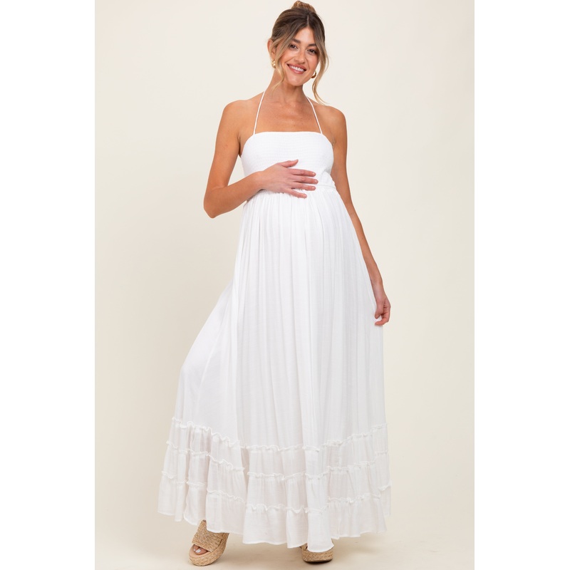 White Halter Neck Smocked Tiered Hem Maternity Maxi Dress