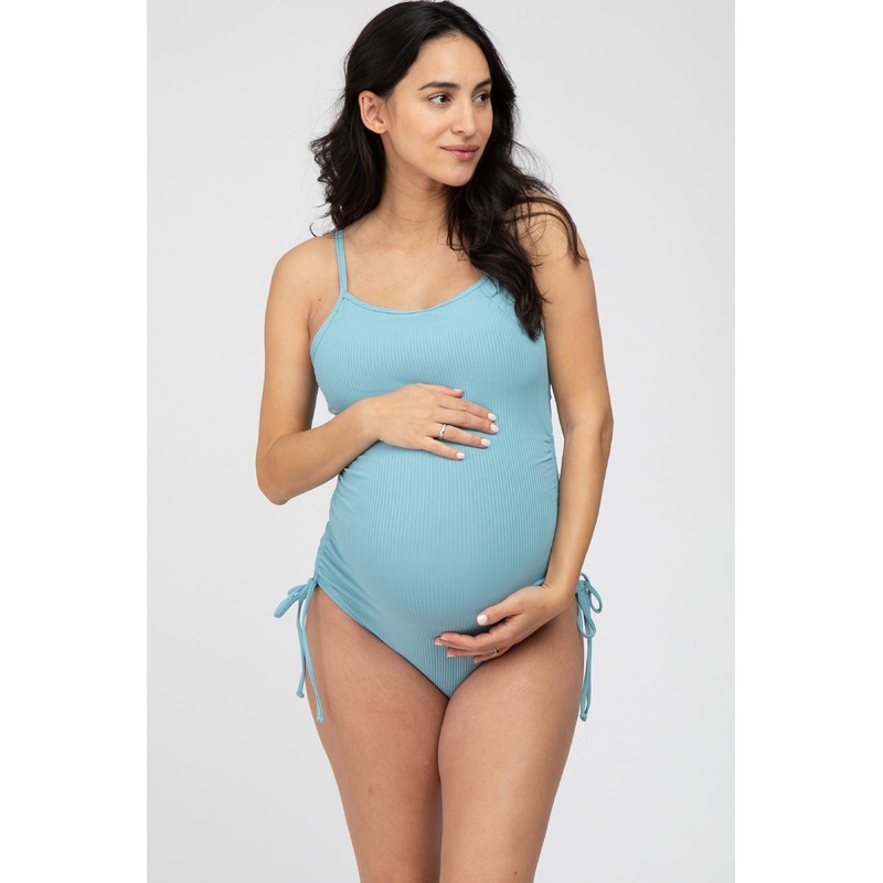 Aqua Ribbed Side Tie One-Piece Maternity Swimsuit