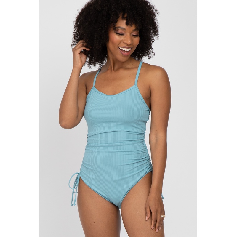 Aqua Ribbed Side Tie One-Piece Swimsuit