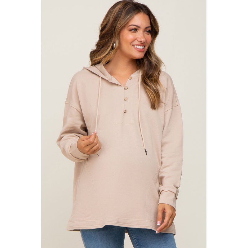 Beige Button Front Hooded Maternity Top