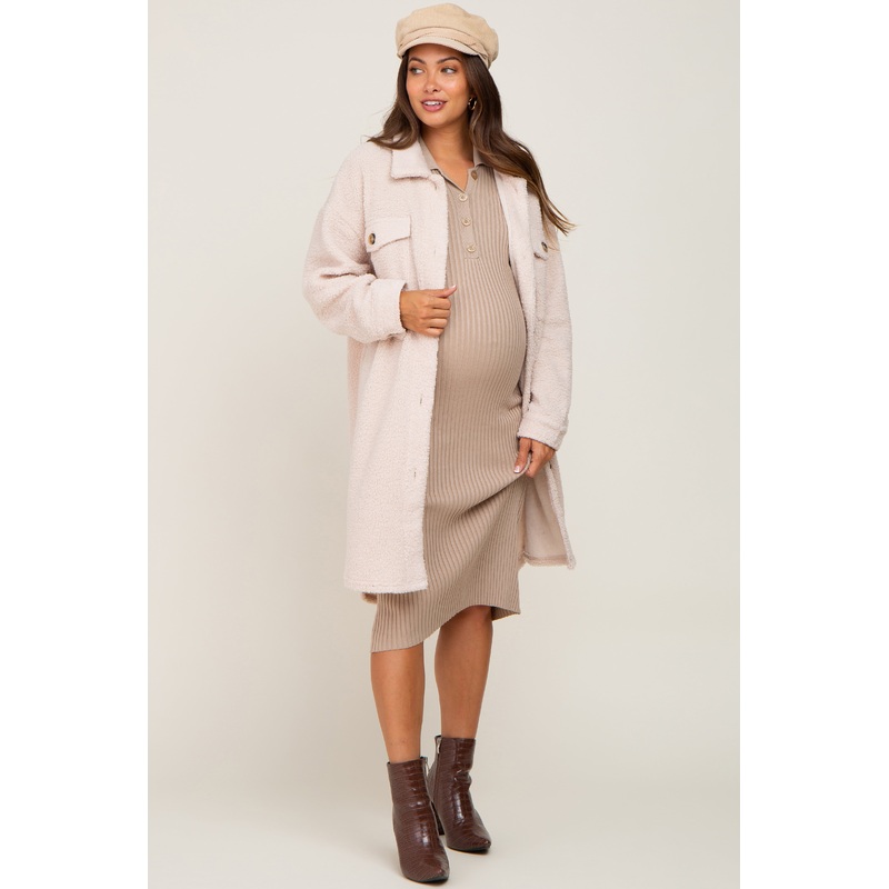 Beige Fleece Maternity Long Shirt Jacket