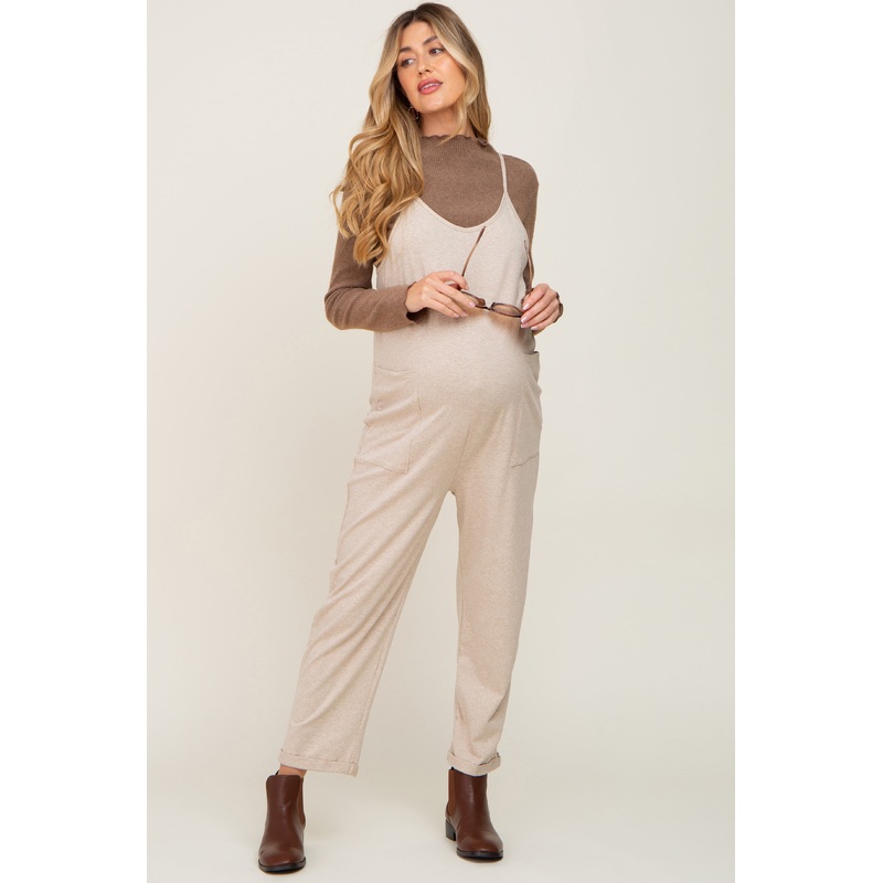 Beige Heathered Front Pocket Maternity Jumpsuit