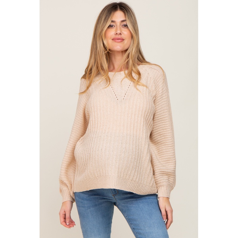 Beige Puff Sleeve Maternity Sweater