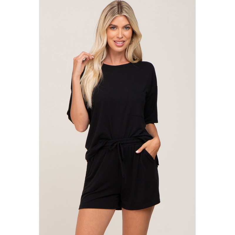 Black Pocket Front Pajama Short Set