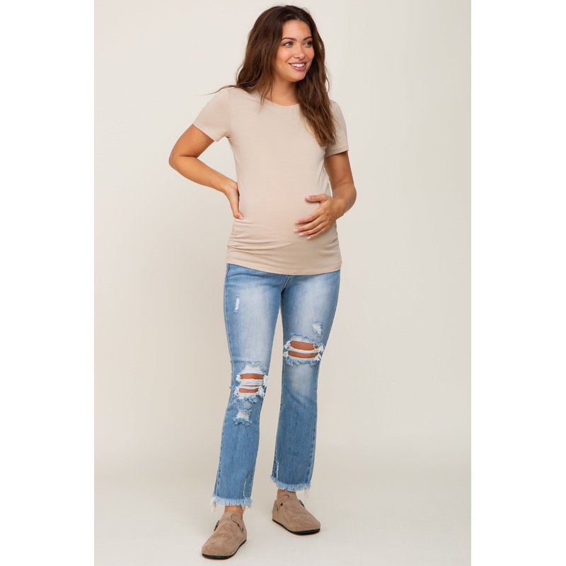 Light Blue Distressed Fringe Hem Maternity Jeans