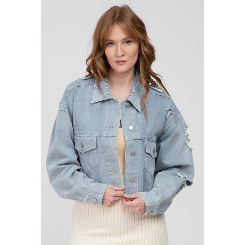 Light Blue Raw Hem Cropped Jean Jacket