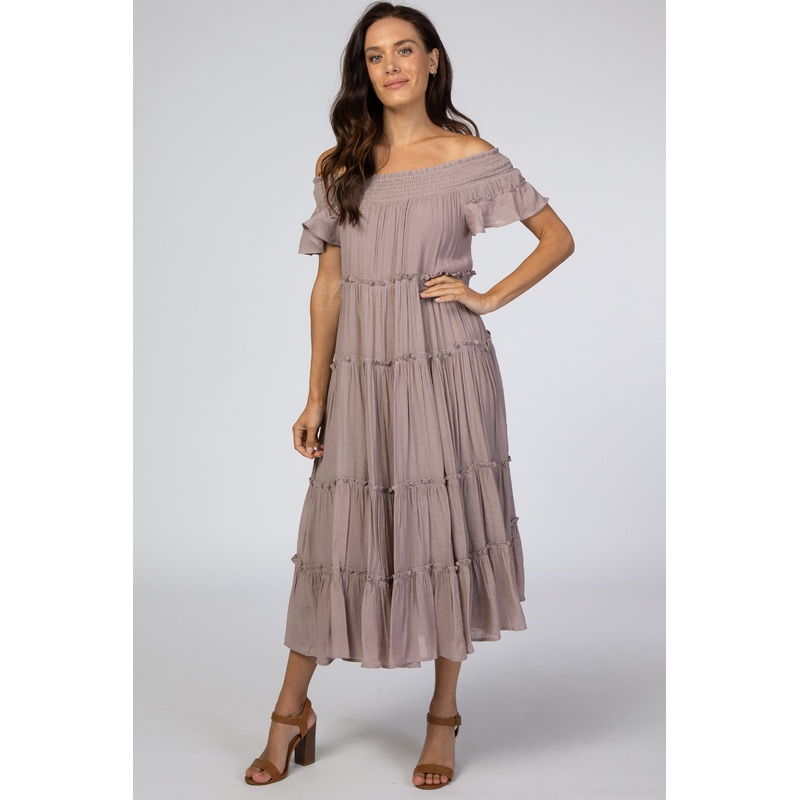 Mauve Smocked Off Shoulder Ruffle Tiered Midi Dress