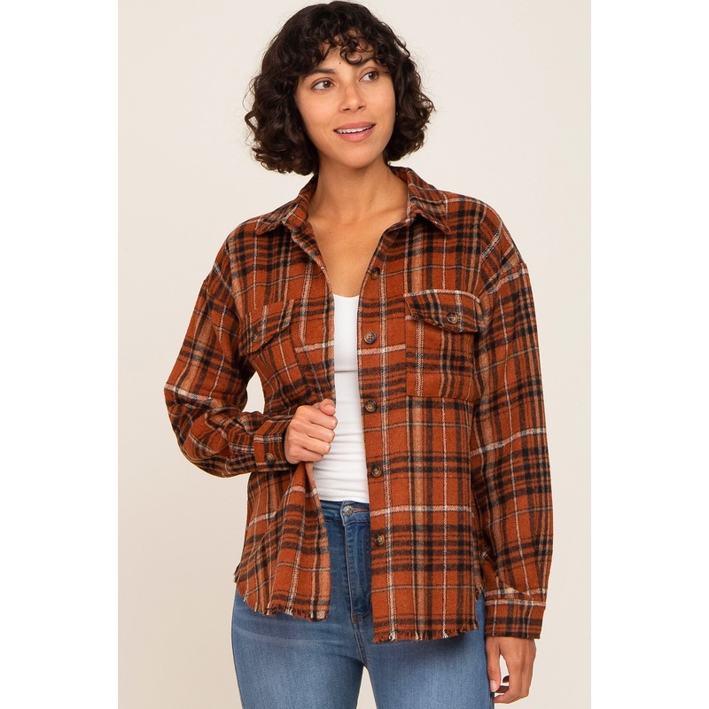 Rust Plaid Front Pocket Shirt Jacket