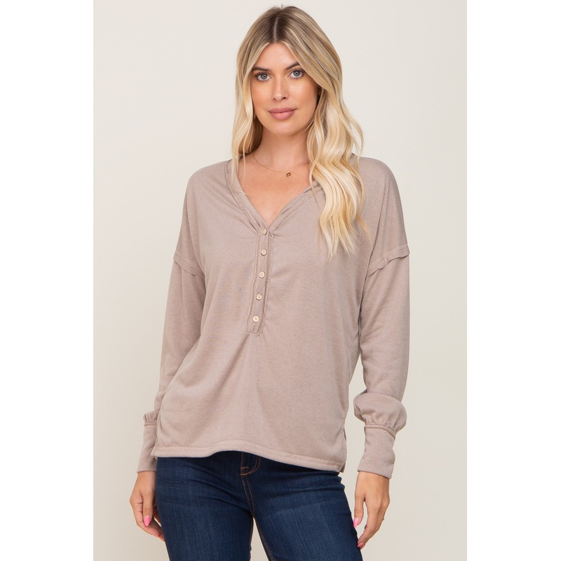 Beige Button Front Terry Long Sleeve Top