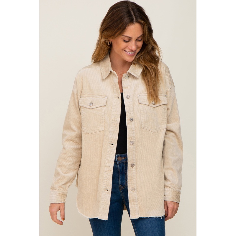 Beige Corduroy Raw Hem Shacket