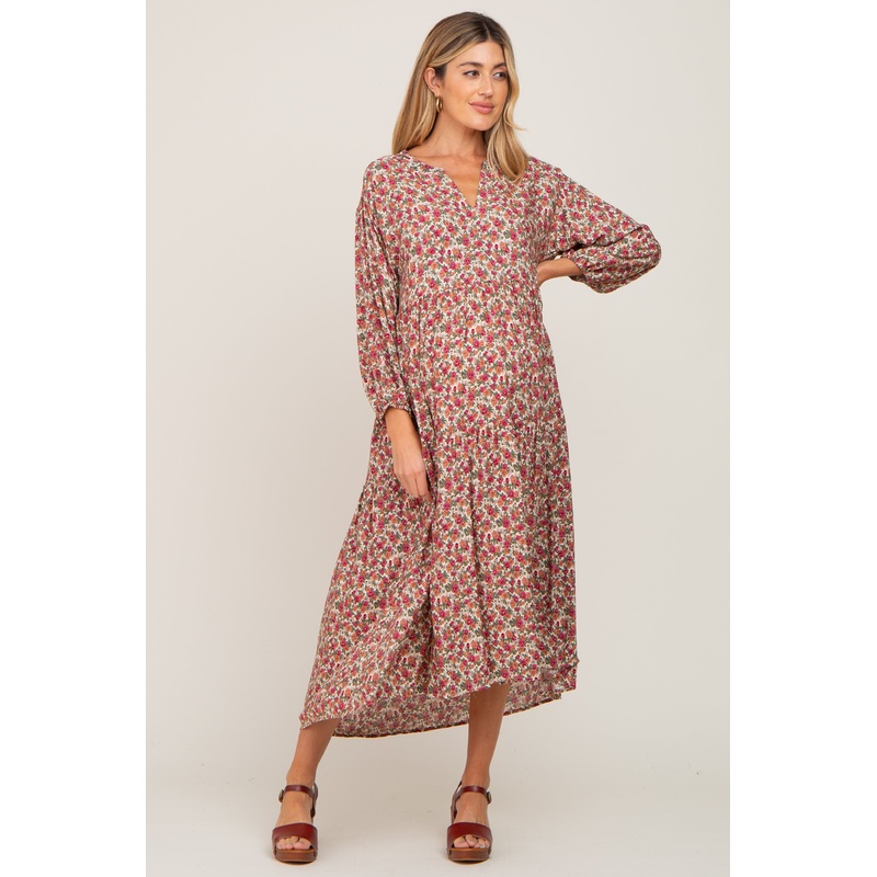 Beige Floral Maternity Tiered Midi Dress