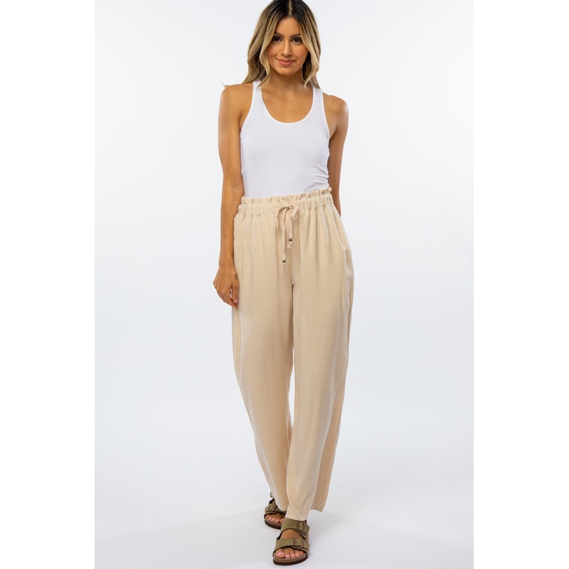 Beige Linen Drawstring Pants