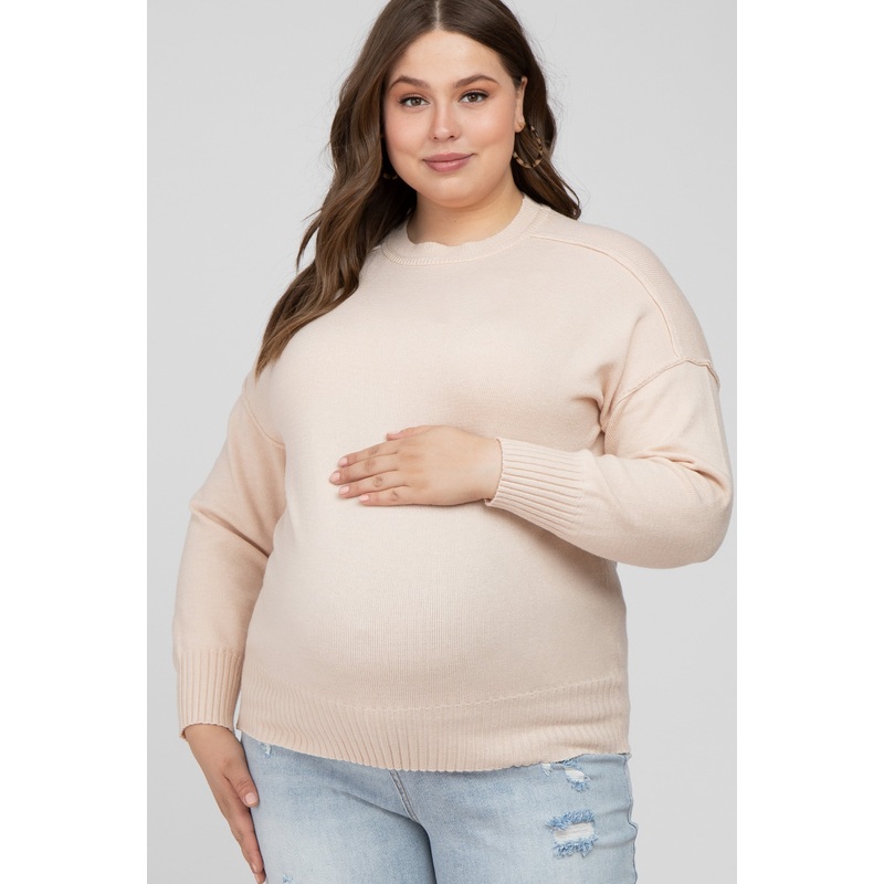Beige Mock Neck Exposed Seam Maternity Plus Sweater