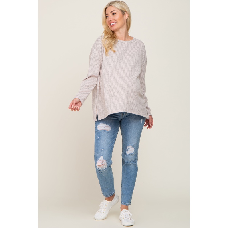 Beige Striped Brushed Maternity Long Sleeve Top