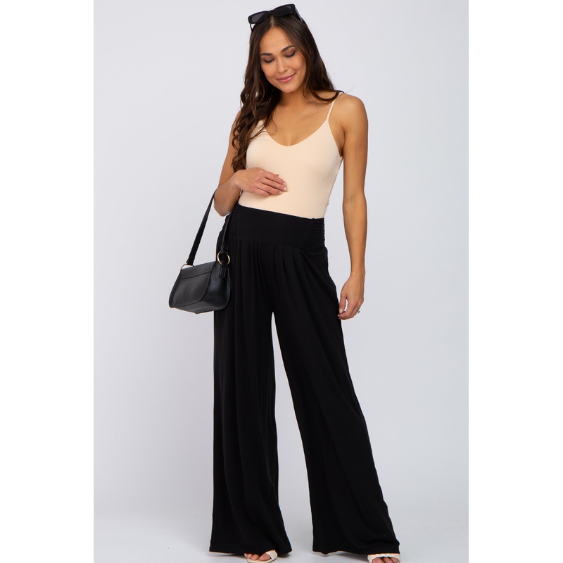 Black Smocked Wide Leg Maternity Pants