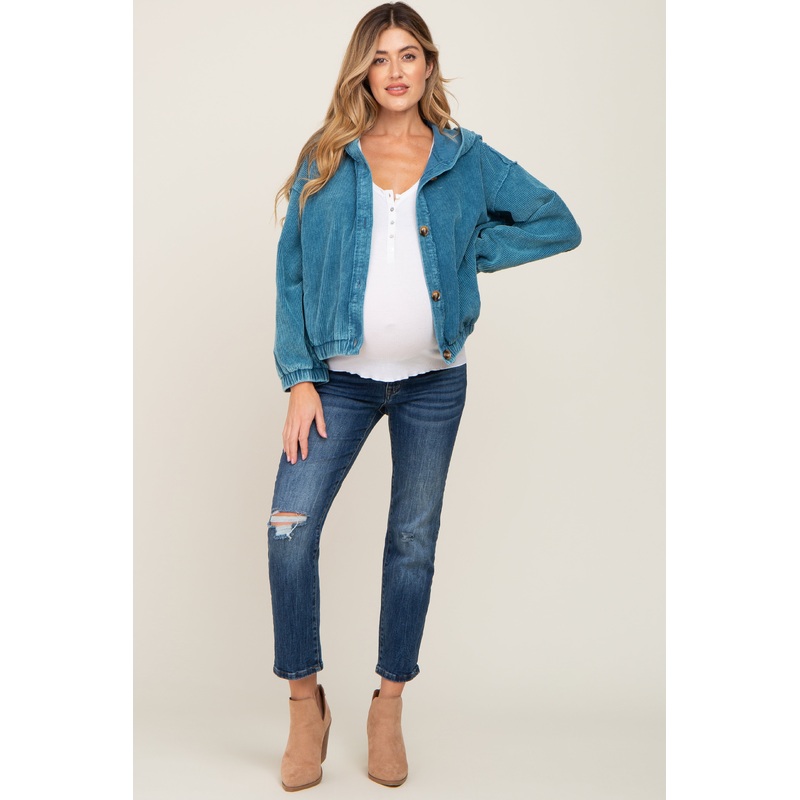 Blue Corduroy Maternity Hooded Jacket