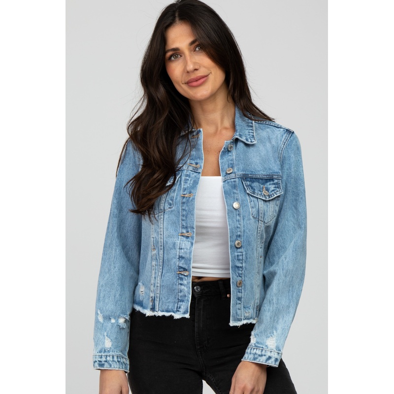 Blue Distressed Cropped Denim Jacket