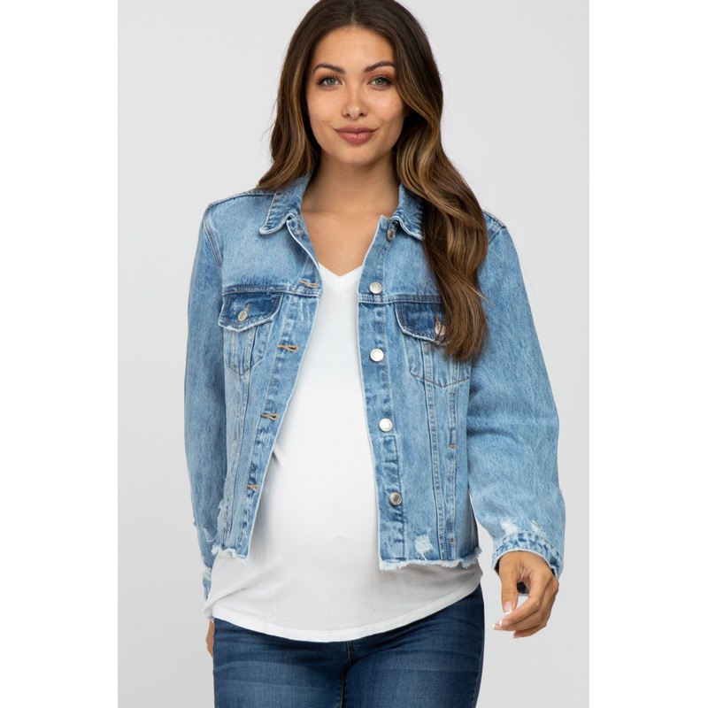 Blue Distressed Cropped Maternity Denim Jacket