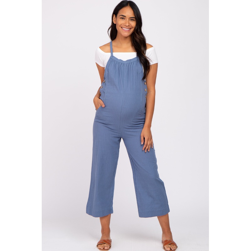 Blue Striped Wide Leg Cropped Maternity Overalls