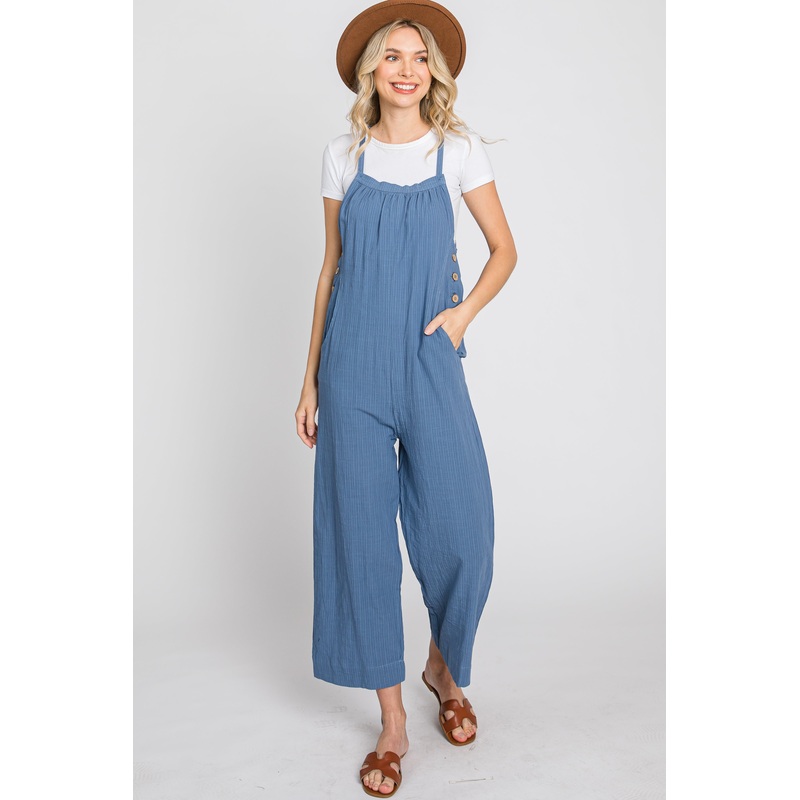 Blue Striped Wide Leg Cropped Overalls