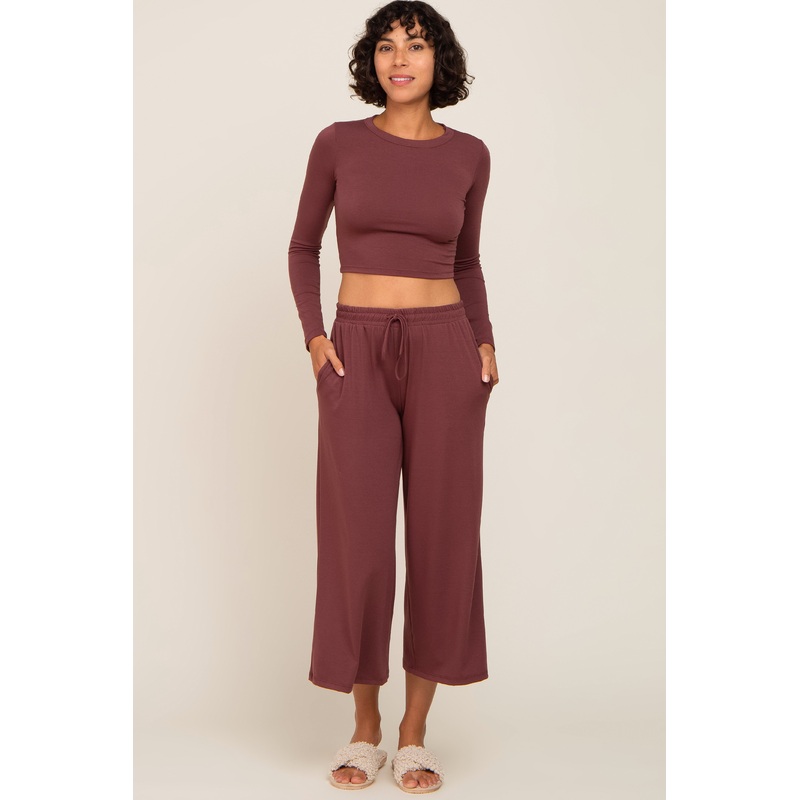 Burgundy Cropped Long Sleeve Lounge Set