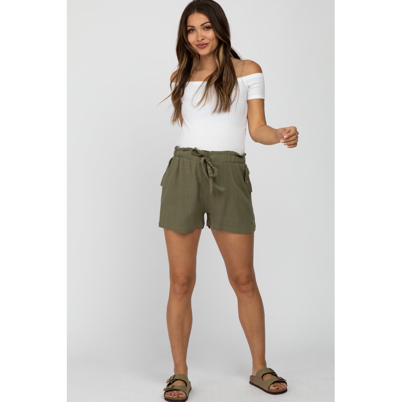 Olive Linen Front Tie Maternity Shorts