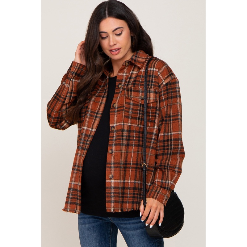 Rust Plaid Front Pocket Maternity Shirt Jacket