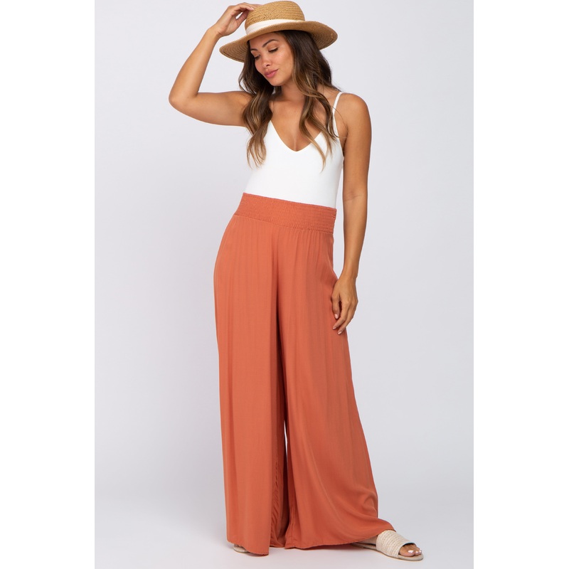 Rust Smocked Waist Wide Leg Maternity Pants