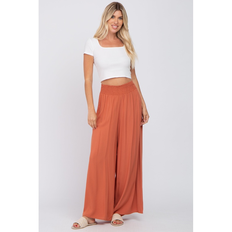 Rust Smocked Waist Wide Leg Pants