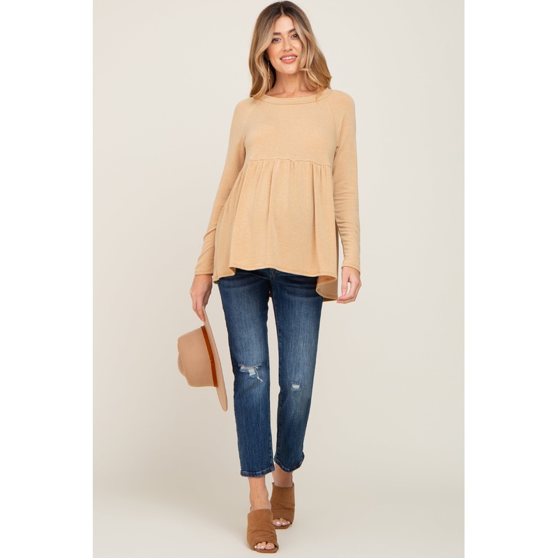 Yellow Brushed Knit Long Sleeve Peplum Maternity Top