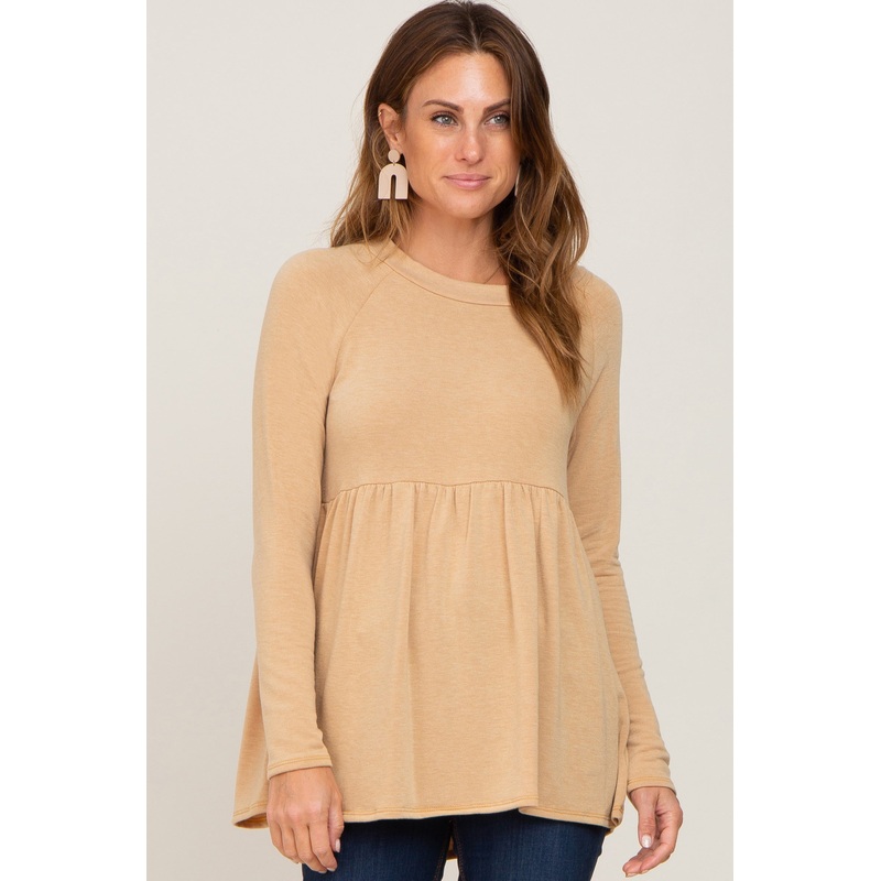 Yellow Brushed Knit Long Sleeve Peplum Top